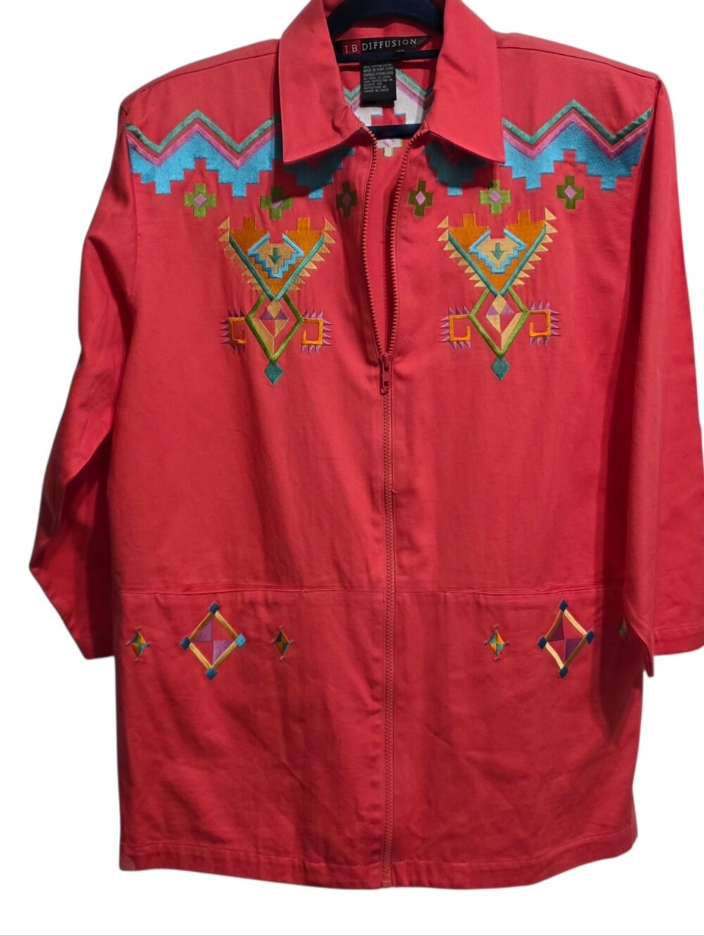 Vintage IB Diffusion Southwestern Embroidered Zip Jacket Pink Tribal Aztec Boho